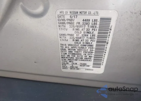 2017 Nissan Rogue Sv z USA, uszkodzony, nr VIN JN8AT2MT8HW400543